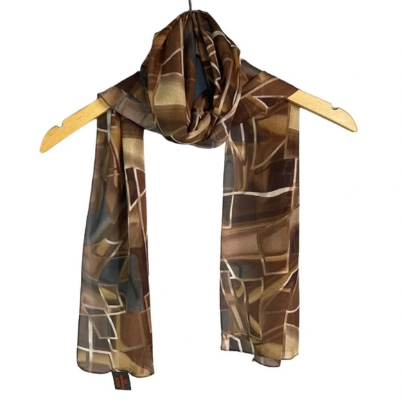 DANIER Silky Semi Sheer Geometric Print Rectangular Scarf Earth Tones Hair Neck - Picture 2 of 9